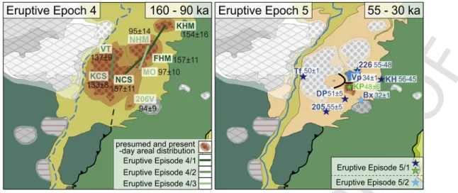 Fig. 11. Spatial distribution of the supposed studied eruption centers and pyroclastic deposits of the Ciomadul Volcanic Dome Fields for the 160 – 90 ka (left panel) and 55 – 30 ka (right panel) time interval (ages in ka)
