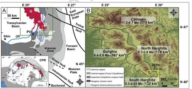 Fig. 1. Simplified tectonic (A) and geographic/relief (B) map of the Călimani-Gurghiu-Harghita volcanic chain with the previously reported age intervals and overall erupted magma volumes (after Szakács and Seghedi, 1995; Pécskay et al., 1995, 2006; Karátso