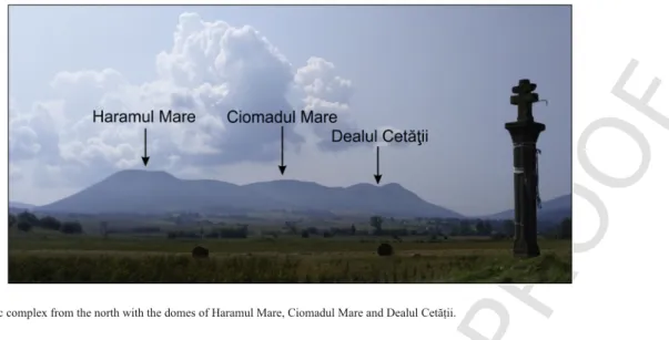 Fig. 3. The Ciomadul volcanic complex from the north with the domes of Haramul Mare, Ciomadul Mare and Dealul Cetăţii.