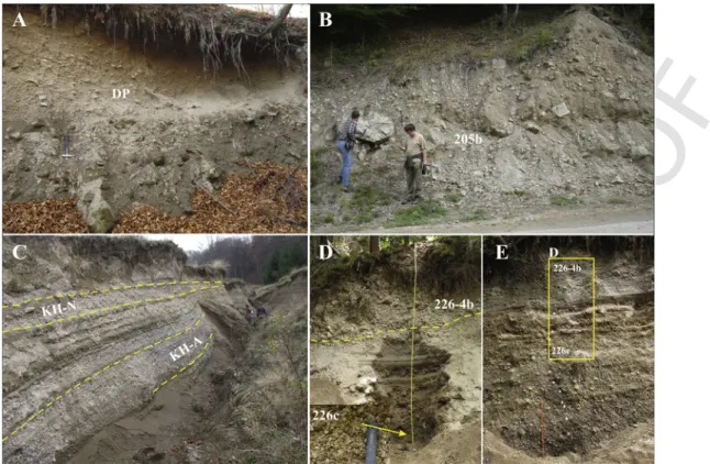 Fig. 4. The sampled pyroclastic outcrops: A – KH, KH-A is the previously sampled and dated layer (as MK-4, 56 ± 2 ka in Harangi et al., 2015a); B, C – 226; D – DP; E – 205b.