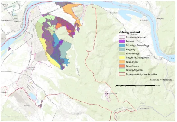 8. ábra Esztergom szőlőhegyeinek elhelyezkedése a zártkertekkel. Térkép forrása: ArcGIS Topográfiai  alaptérkép 