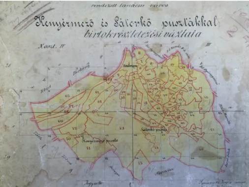 2. ábra Esztergom rendezett tanácsú város kataszteri térképe a 78 birtokrészlet sematikus elhelyezkedésével  Kenyérmező és Sátorkő pusztákkal (1902) (Forrás: Komárom-Esztergom Megyei Levéltár) 