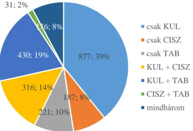 5. ábra: A pályázók megoszlása a megpályázott kiírások szerint 877; 39%187; 8%221; 10%316; 14%430; 19%31; 2%176; 8%csak KULcsak CISZcsak TAB KUL + CISZKUL + TABCISZ + TABmindhárom