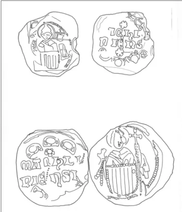 Fig. 6.: Two cylindrical lead seals of Mechelen from unknown sites (private collection, drawings by Katalin Szegleti)