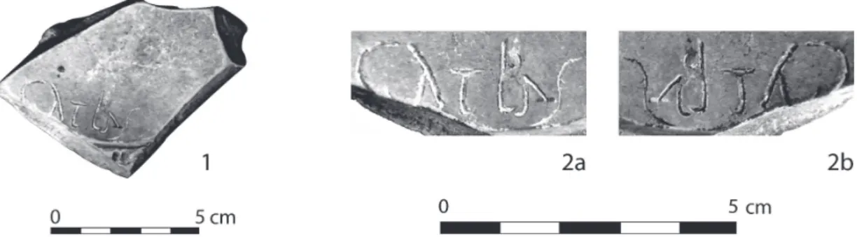 Fig. 2. Moule Louvre n° CA 6374. 1. vue complète et 2. détail : photographie directe du moule (a) et positif qui pourrait en être tiré (b),  