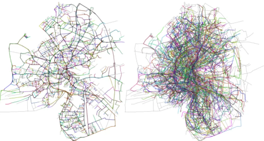 Fig. 1: Never-Walk-Alone anonymization. Original dataset (city of Oldenburg in Germany) with 1000 trajectories (left) and its anonymized version (NWA from [2]) with k = 3 where the distance between any points of two trajectories within the same cluster is 