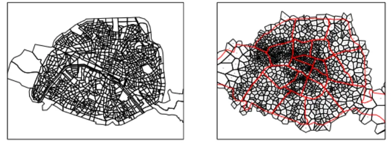 Fig. 2: IRIS cells of Paris (left) and Voronoi-tesselation of tower cells (right)