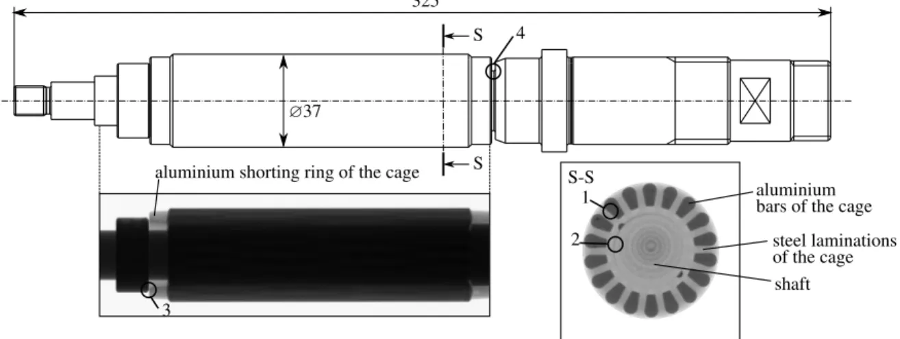 Fig. 1. The analysed spindle with a squirrel cage mounted on the shaft. Top panel: drawing of the spindle of the tested milling machine.