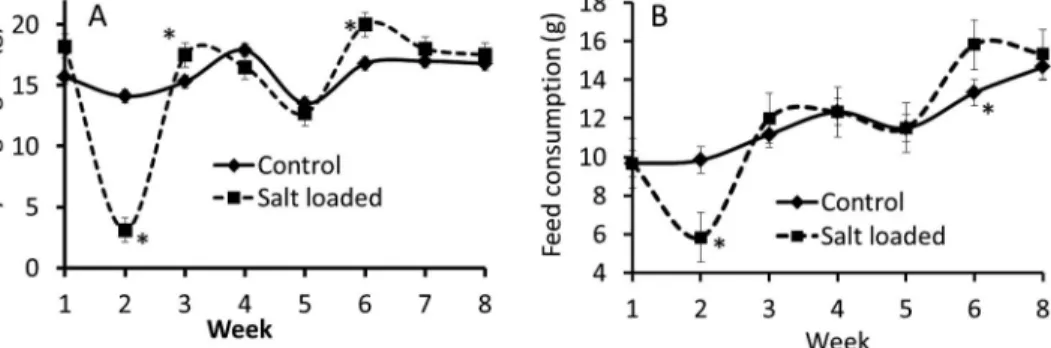 Fig. 1. Body weight gain (A) and average weekly feed consumption (B) in salt-loaded and control male rats.