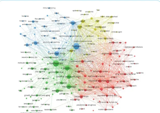 Figure 3: Keyword co-occurrence network from documents published in AMIH between 2005-2018.