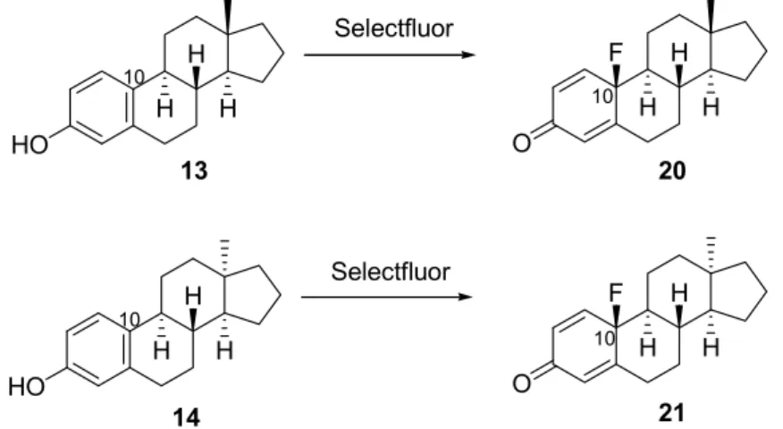 were studied in acetonitrile (Scheme 3, Table 1, Entries 1–3 and 7–9). Stirring of the reaction mixtures  at room temperature led to 10β-fluorinated derivatives (9 and 17) solely, independent of the  orientation of the angular methyl group (Table 1, Entrie