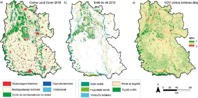4.1  ábra  Felszínborítás a Corine Land Cover (2018) alapján (a); a lehatárolt erdő, gyep-rét-legelő és  vizes élőhely poligonok (b); valamint a mintaterület átlagos júniusi (2000-2017) NDVI térképe (c)