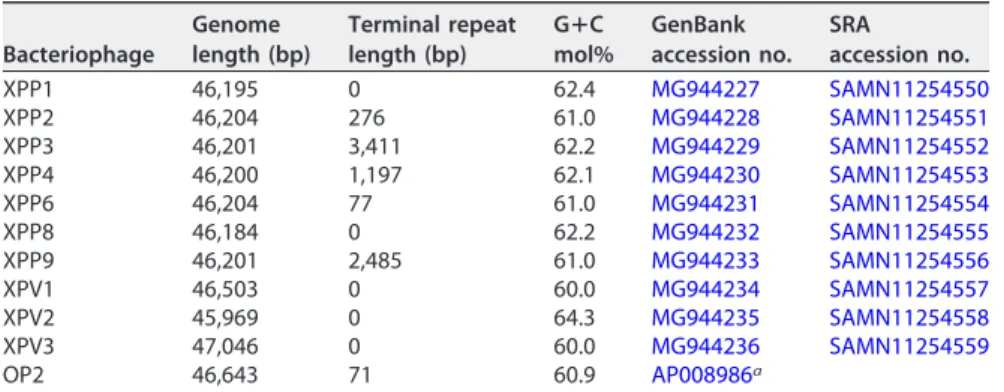 Table 1 contains the sequence lengths and G ⫹ C mol% of the newly isolated 10 phages and of the reference OP2