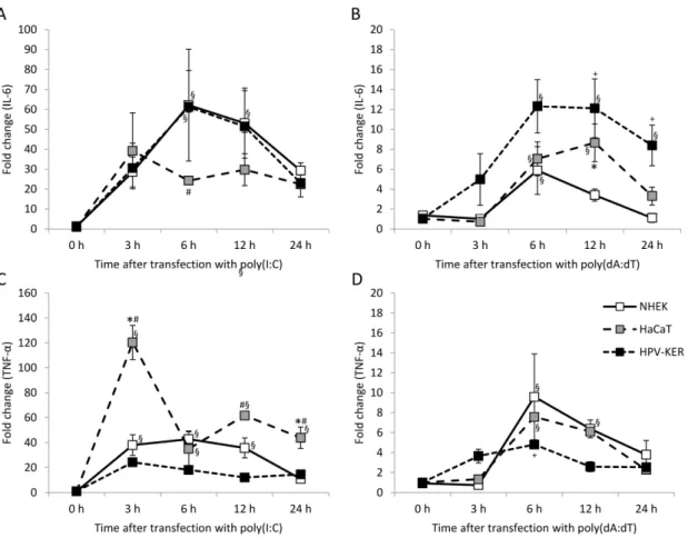 Figure 1. Kinetics of expression of the interleukin-6 (IL-6) and tumor necrosis factor α (TNF-α)  cytokines in normal human epidermal keratinocytes (NHEK) and HaCaT and HPV-KER cell lines  upon transfection with 0.666 μg/mL poly(I:C) (A,C) and poly(dA:dT) 