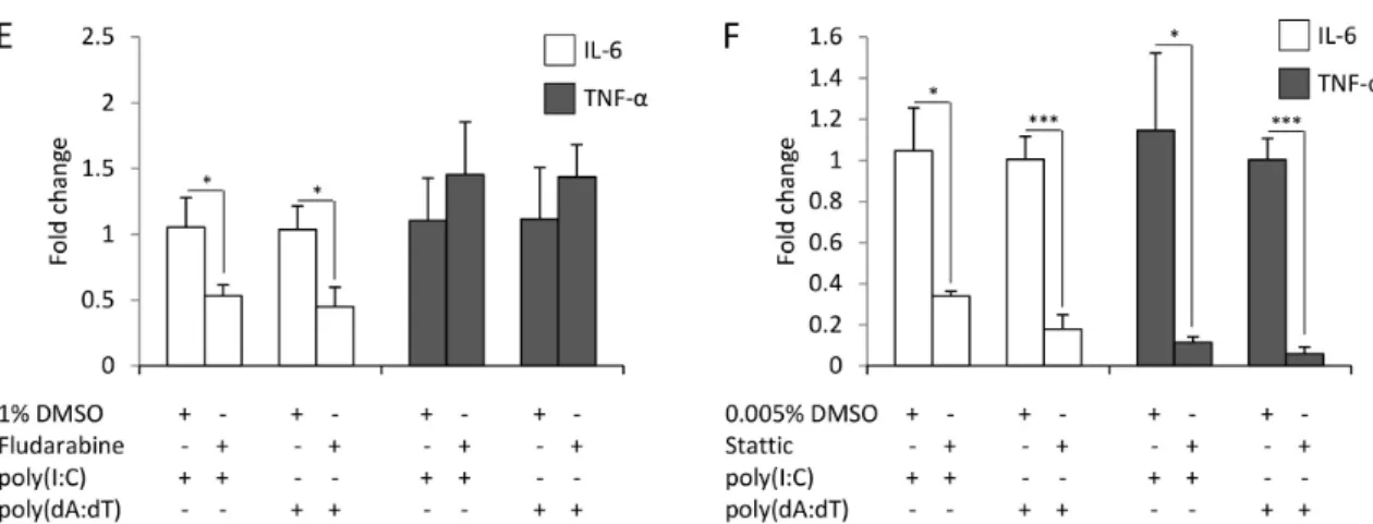 Figure 3. Inhibition of different signaling routes has divergent effects on the expression of the IL-6  (white bars) and TNF-α (grey bars) cytokines in keratinocytes
