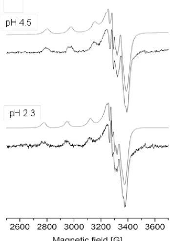 Fig. 10.  Representative experimental (thick) and simulated (thin) EPR spectra for the Cu II  −  PxTSC  (1:1)  system