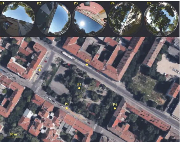 Figure 2: Survey points in the Bart´ok Square with their fish-eye photographs.