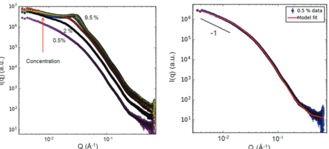 Fig. 12 SAXS data (left) for oleic acid stabilized magnetic fluids with concentrations from 0.5 to 9.5%