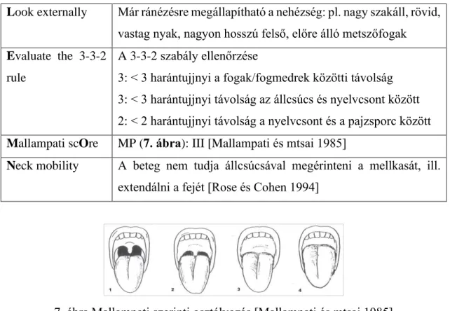 7. táblázat Nehézségre utaló elváltozások direkt laringoszkópia során (LEMON)  [Murphy és Walls 2008]