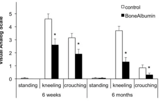 Fig. 4. Knee pain at 6 weeks and 6 month after BTB surgery. Visual analog scale of knee pain on a 0- 0-10 scale in standing, kneeling and crouching positions