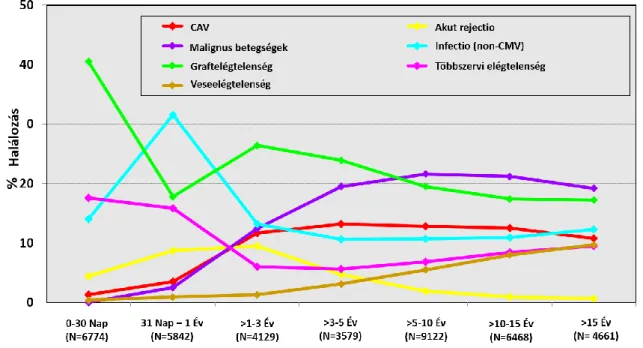 1. ábra A vezető halálokok relatív incidenciája felnőtt szívtranszplantáltakban  (CAV - cardialis allograft vasculopathia, CMV - cytomegalovirus) 