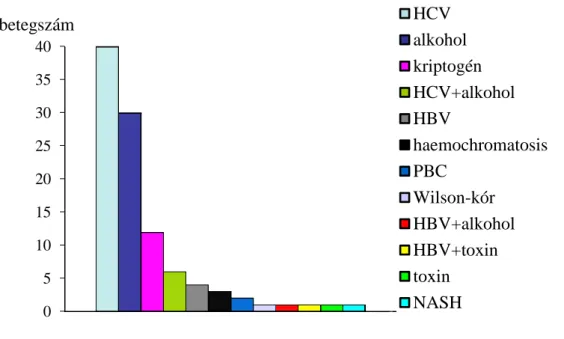 3. ábra: A HCC-s betegek etiológia szerinti megoszlása (n=102)  8. ábra: A HCC-s betegek etiológia szerinti megoszlása (n=102) 