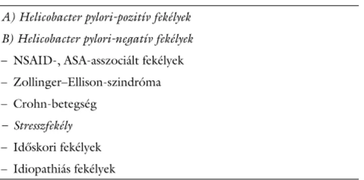 1. táblázat A peptikus fekélybetegség osztályozása