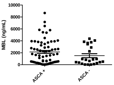 7. ábra: Az MBL és ASCA antitestek között nem találtunk szignifikáns összefüggést Crohn  betegségben (CD) 89 szérum minta vizsgálata alapján [ASCA pozitív CD-s betegek (ASCA+)  n=66, ASCA negatív CD-s betegek (ASCA-) n=23, Mann-Whitney test, p=0,19]