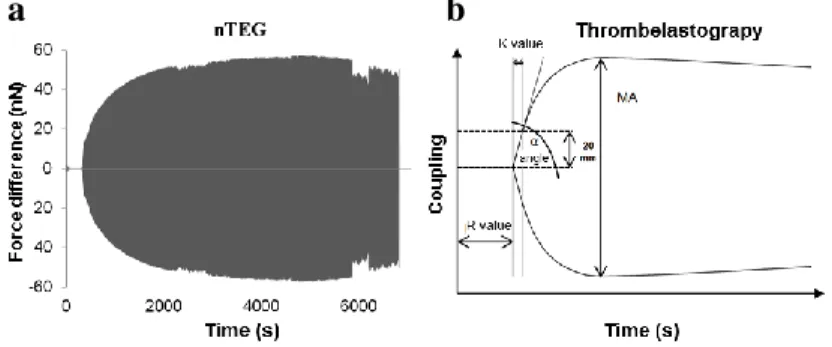 Fig.  3.  Mirroring  the  nTEG  curves  on  the  x-axis  results  the  nano-thrombelastogram  (a)