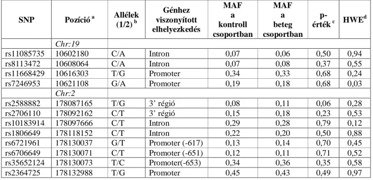11. táblázat: Az KEAP1 és NFE2L2 gének polimorfizmusainak jellemzői és allélfrekvenciái a vizsgált populáción