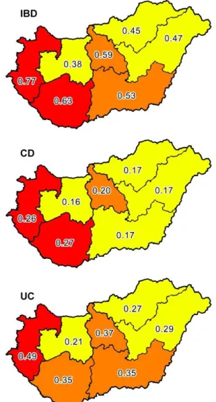 8. ábra. Az IBD prevalencia Magyarországon, földrajzi régiók szerinti bontásban  4.1.3