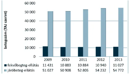 6. ábra: A járó- és/vagy fekvőbeteg-ellátást igénybevevő betegek számának alakulása 2009-2013 között