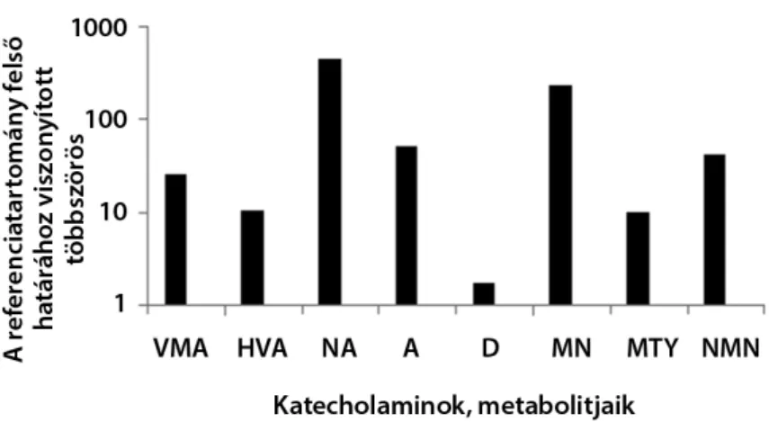 4. ábra Az egyes katecholaminok, illetve metabolitjaik 24 órás vizelettel ürített maximális értékei phaeochromocytomás-paragangliomás betegekben, a gyártó  által megadott referenciatartomány felső határának többszörösében kifejezve