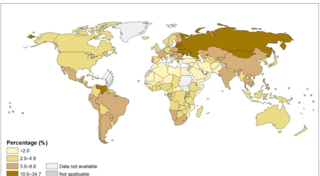Figure 2. World: Proportion of all deaths attributed to  alcohol (alcohol-attributable fractions, %; 