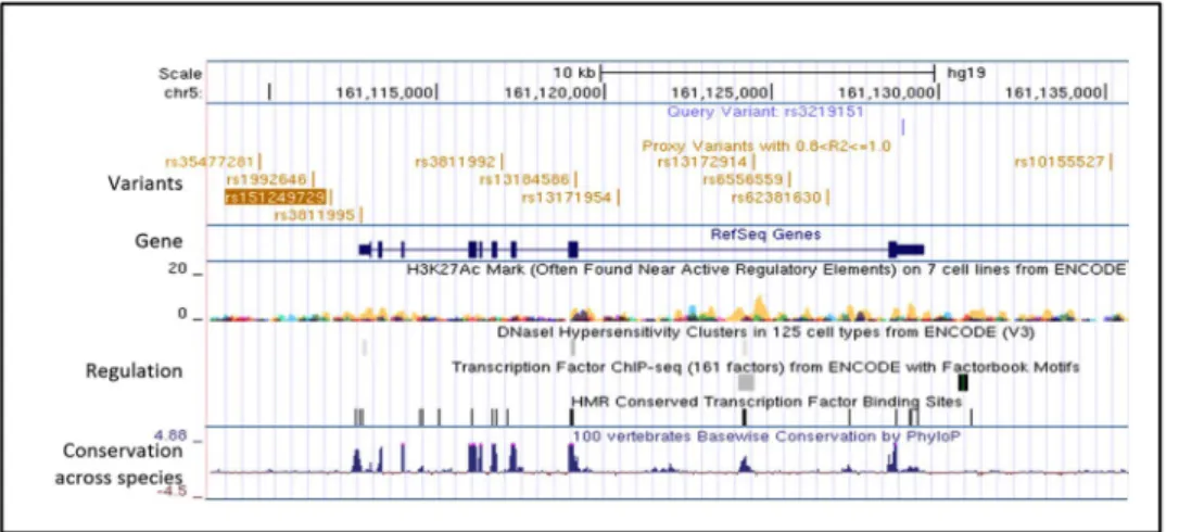 Figure 5.  rs3219151, which is located in the 3 ′ UTR of GABRA6 imputes for a total of 9 SNPs and 2 indels  (rs151249729 and rs35477281) were in linkage disequilibrium (r2  &gt;  0.8) with rs3219151 in the 1000 genome  projects British in England and Scotl