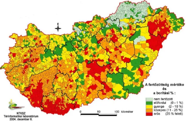 8. ábra: Parlagfűvel fertőzött területek Magyarországon 2004-ben a Növény-és  Talajvédelmi Szolgálatok adatai alapján