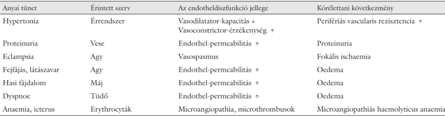 1. táblázat A praeeclampsia tünetei és az endotheldiszfunkció kapcsolata [60]
