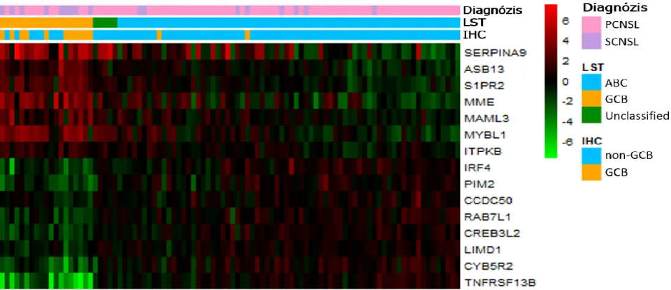 15. ábra. A NanoString LST assay eredményei. A hőtérképen 15 gén expresszió vizsgálata látható a 94 agyi lymphoma esetben