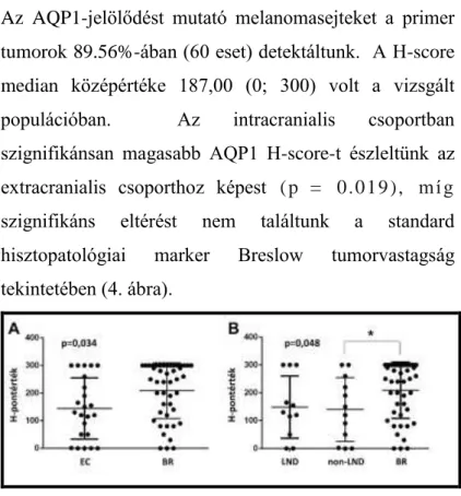 4. ábra Az AQP1-expressziója  az  extracranialis  (EC)  és  az  intracranialis  (IC)  metasztatikus  melanomás  betegek  csoportjaiban (A)