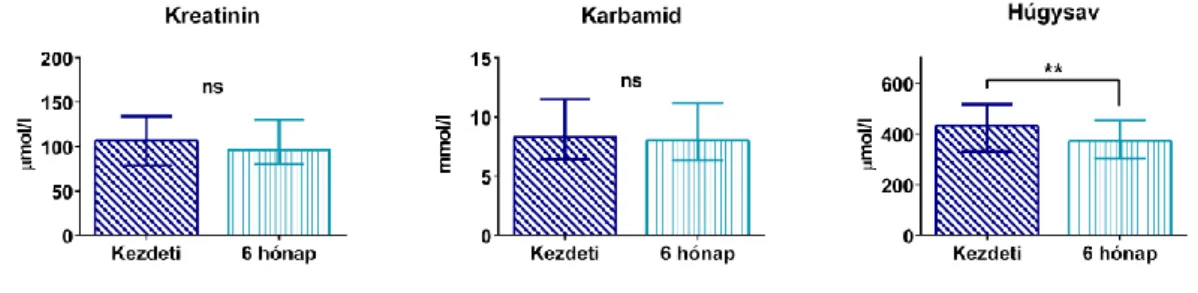 Táblázat  tartalmazza.  A  laborparaméterek  beültetés  előtti  szérum  szintjei  a  következőképpen alakultak: kreatinin 79 (70-91) µmol/l, húgysav 432 (331-516) µmol/l,  karbamid  5,9  (4,5-6,5)  mmol/l,  NT-proBNP  2608  (1331-5101)  pg/ml