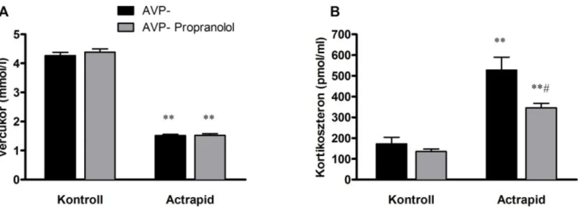 31. ábra Perinatális korú AVP- Brattleboro patkányok hipoglikémiás stressz során mért glükóz és  kortikoszteron  változásai  β  adrenerg  antagonista  előkezelést  követően