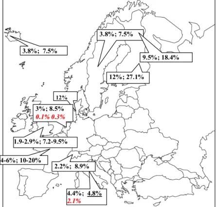 4. ábra Az európai epidemiológiai adatok a szezonális affektív zavar előfordulására.  