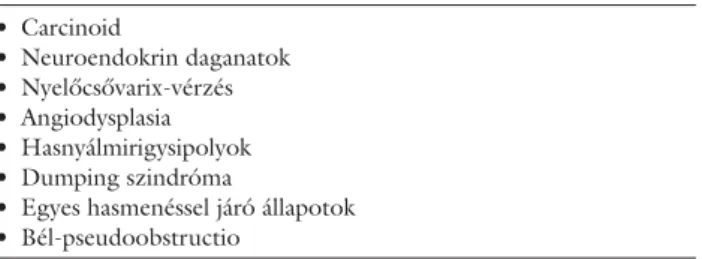 2. táblázat A szomatosztatinanalóg-kezelés lehetőségei az emésztőrend- emésztőrend-szerben • Carcinoid • Neuroendokrin daganatok • Nyelőcsővarix-vérzés • Angiodysplasia • Hasnyálmirigysipolyok • Dumping szindróma