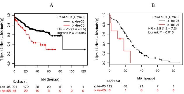 5. ábra. CRC (A) és az mCRC (B) kohorsz teljes túlélésének elemzésének grafikonjai.  