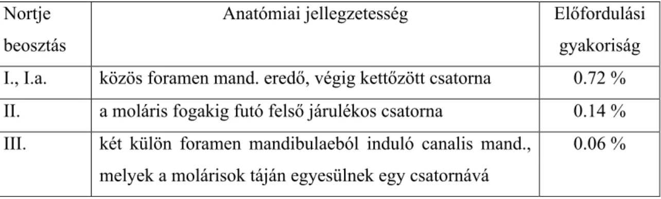 1. táblázat: A canalis mandibulae-oszlások variációinak Nortje-féle osztályozása 