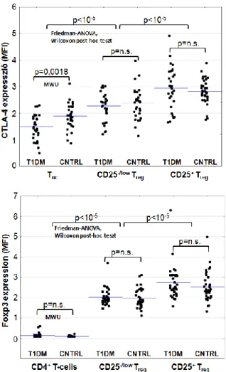 19. ábra Az egyes T-sejt csoportok CTLA-4 és Foxp3 expresszióinak összehasonlítása 