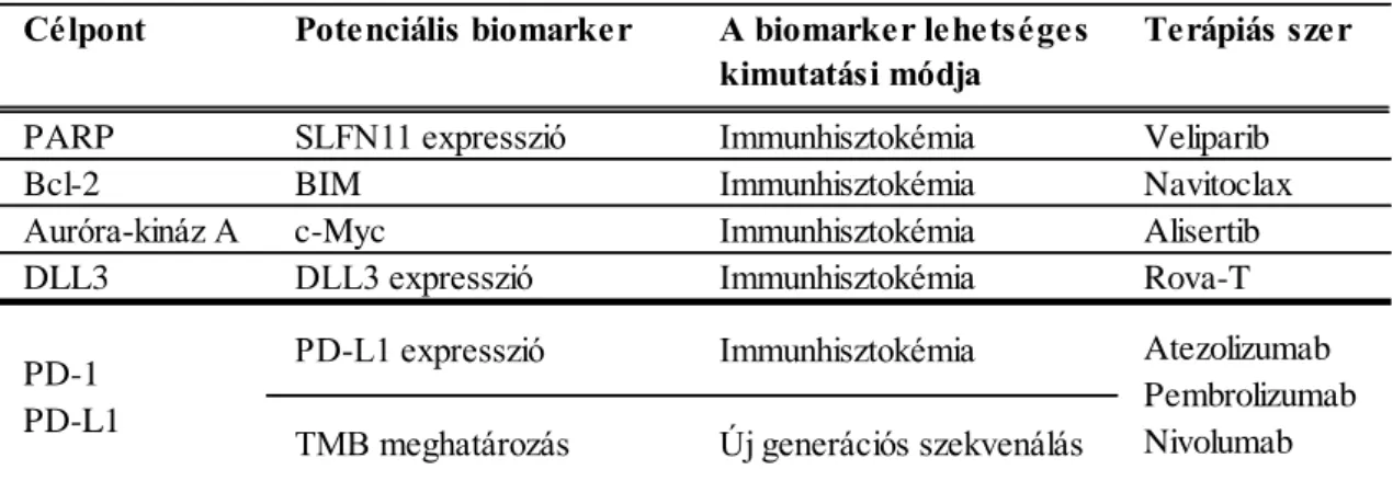 2. táblázat. Új potenciális célzott és immunterápiás lehetőségek és azok lehetséges  prediktív biomarkerei az SCLC terápiájában [85, 96, 97] 