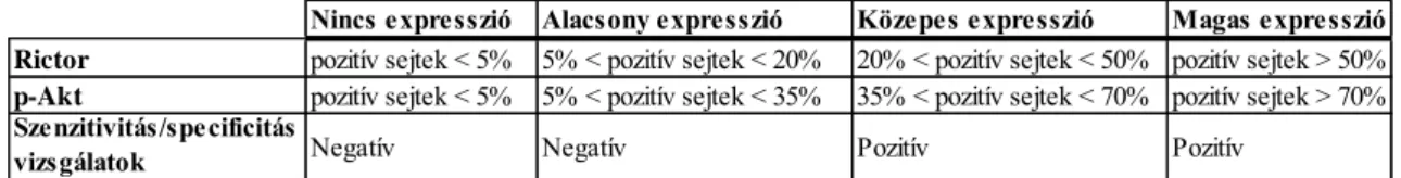 8. táblázat. Az SCLC minták értékelése során használt cut-off értékek 