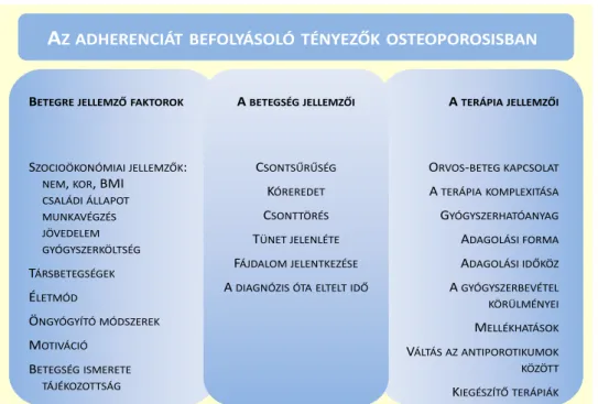 3. ábra: Az adherenciát befolyásoló tényezők osteoporosisban  [230,232-234]