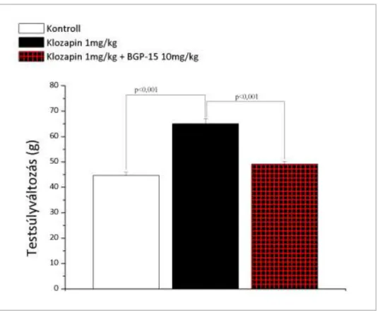 17. ábra: 35 napig  tartó klozapin; klozapin +  BGP-15 kombináció  kezelés hatása a  testsúlynövekedésre patkányban